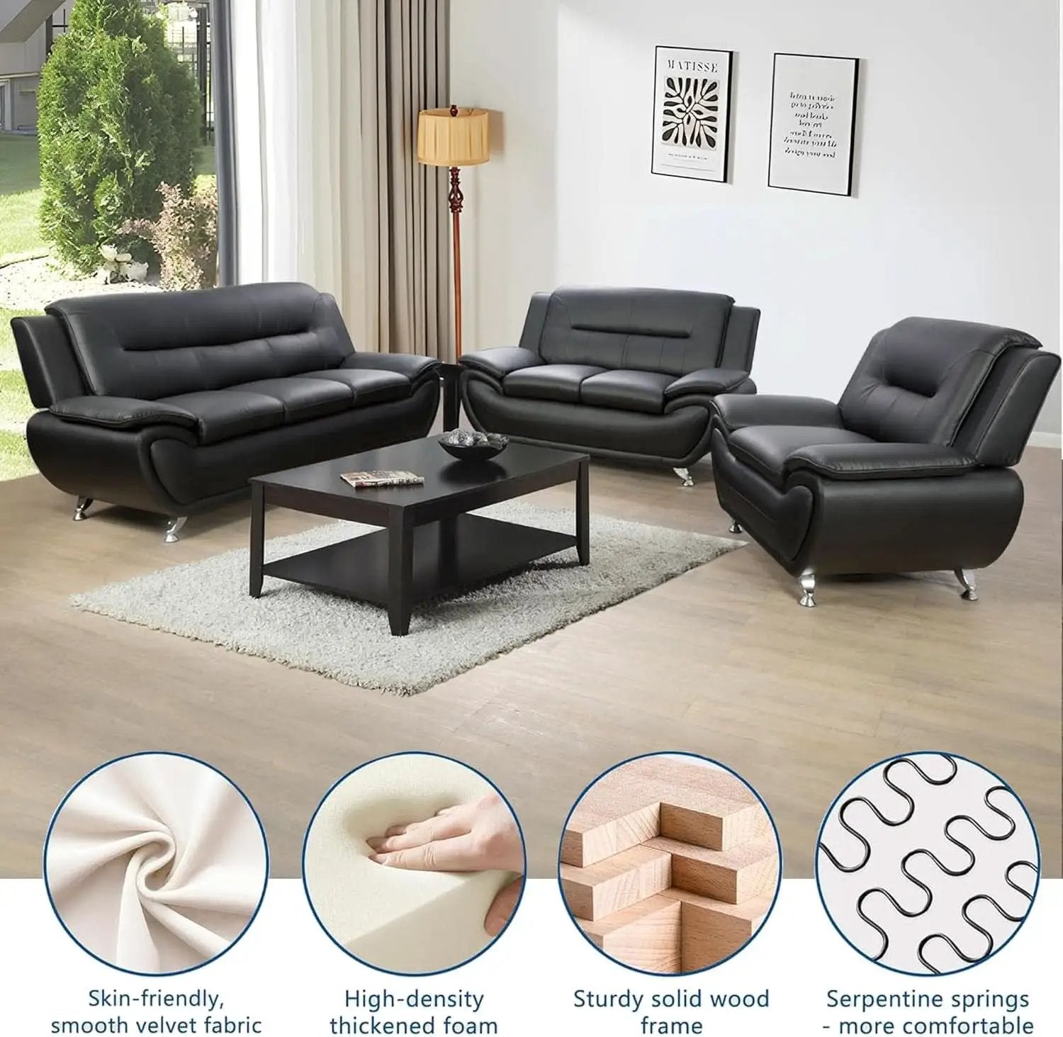 3 Piece Black Sofa Set Modern Living Room Couch Set Sofa Loveseat Chair For Home Decor from PriceLows™