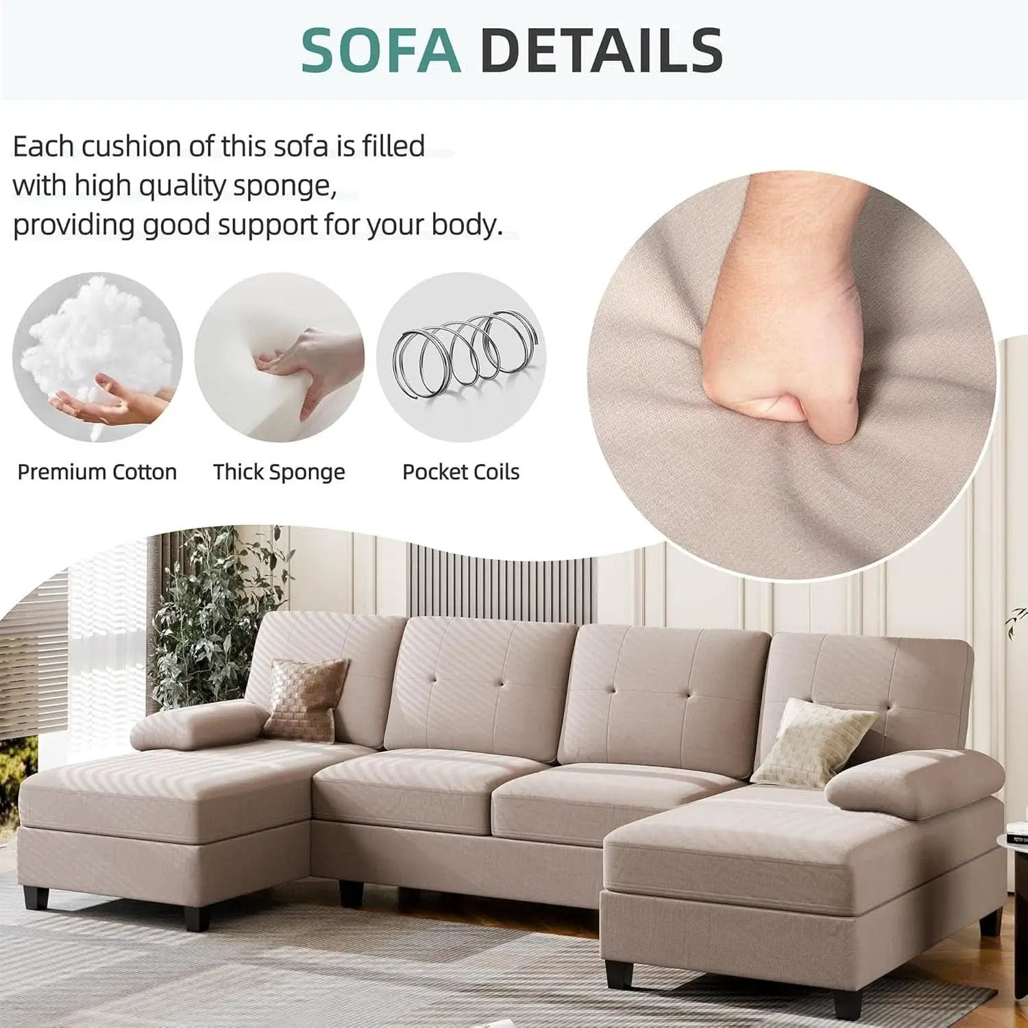 Dark Beige U Shaped Sectional Sofa With Chaise 4 Seats from PriceLows™