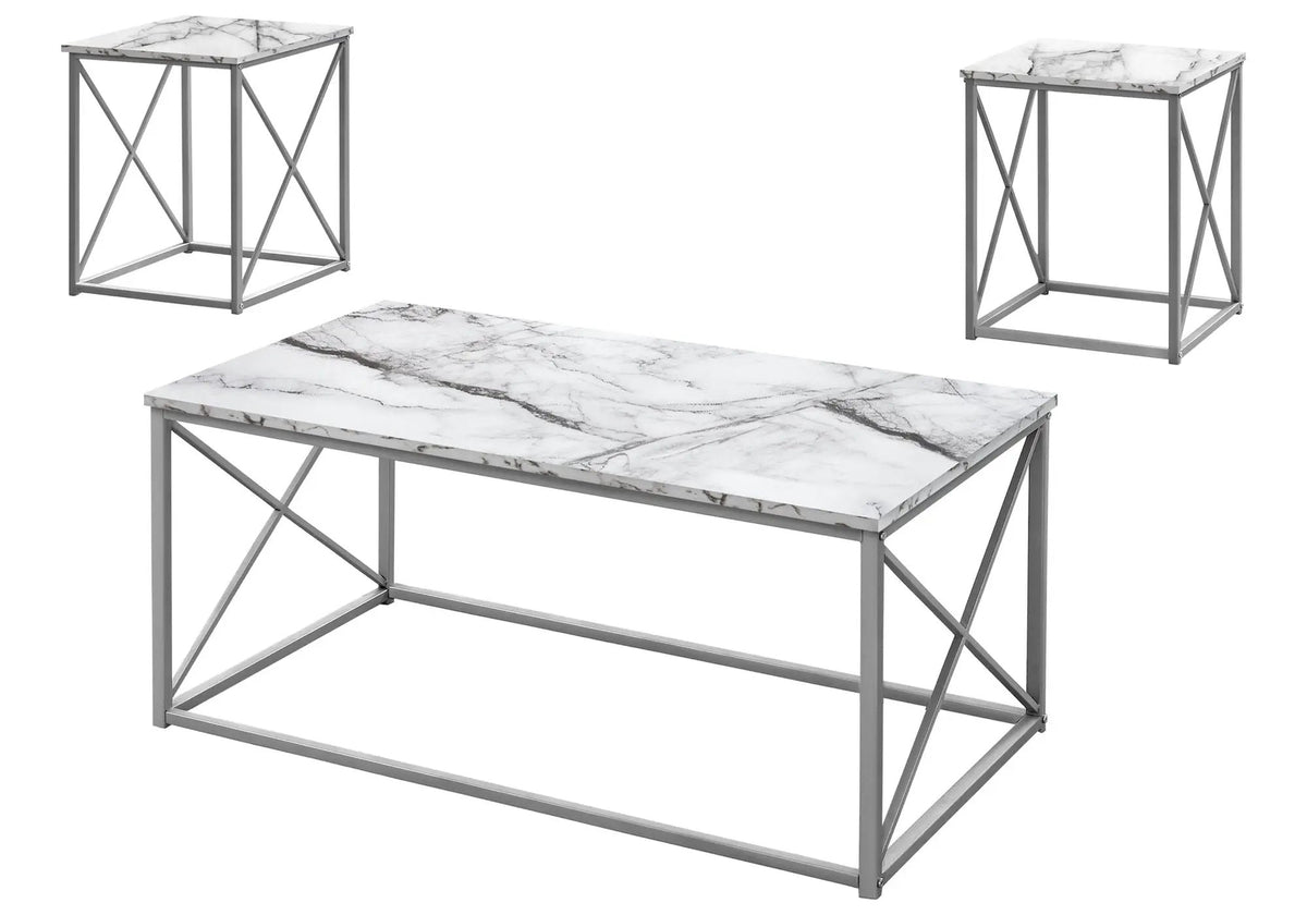 Marble Look Coffee Table Set | Set Of 3 | Metal X Design Frame | Contemporary Modern Style