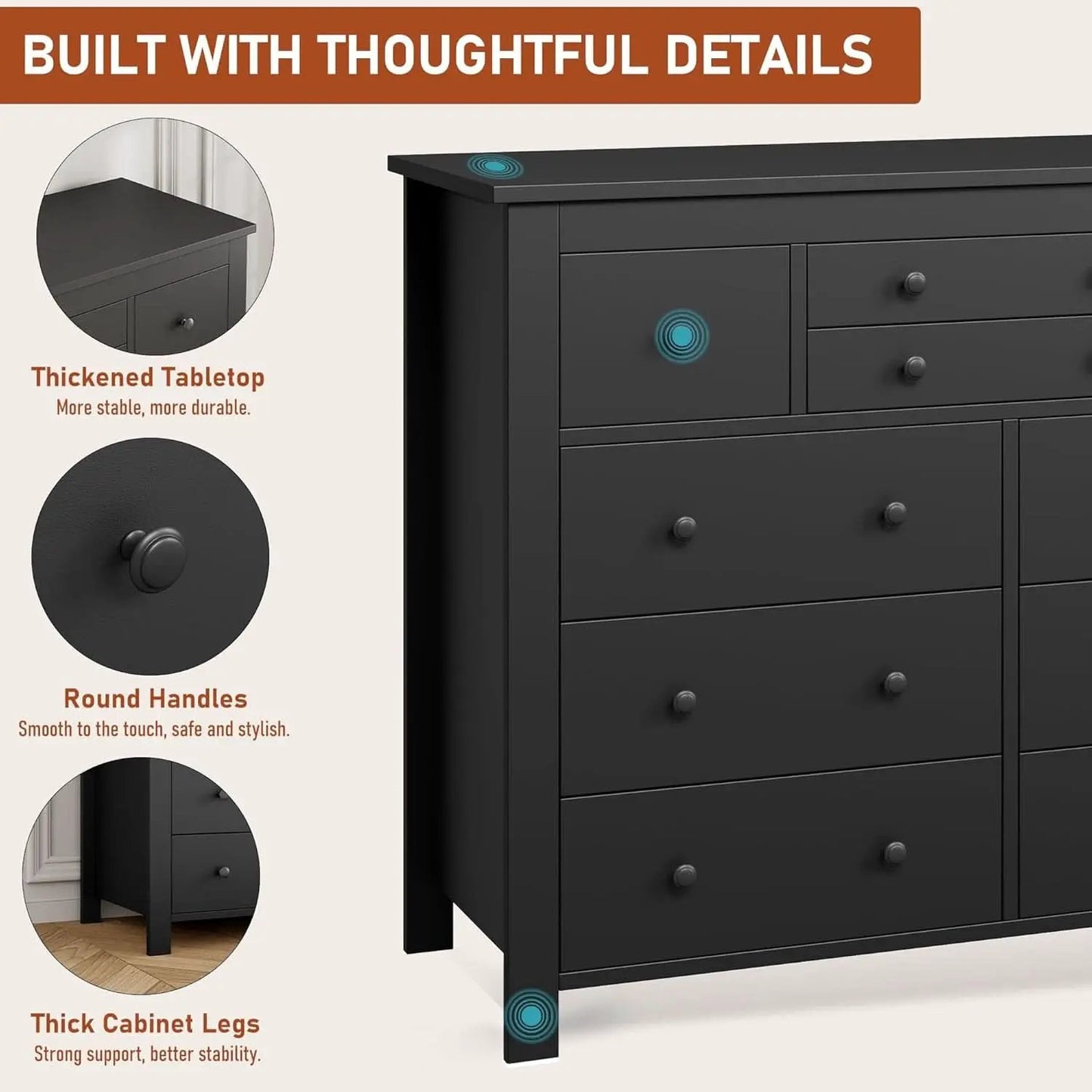 Ten Drawer Premium Hardwood Dresser Walnut Finishing from PriceLows™