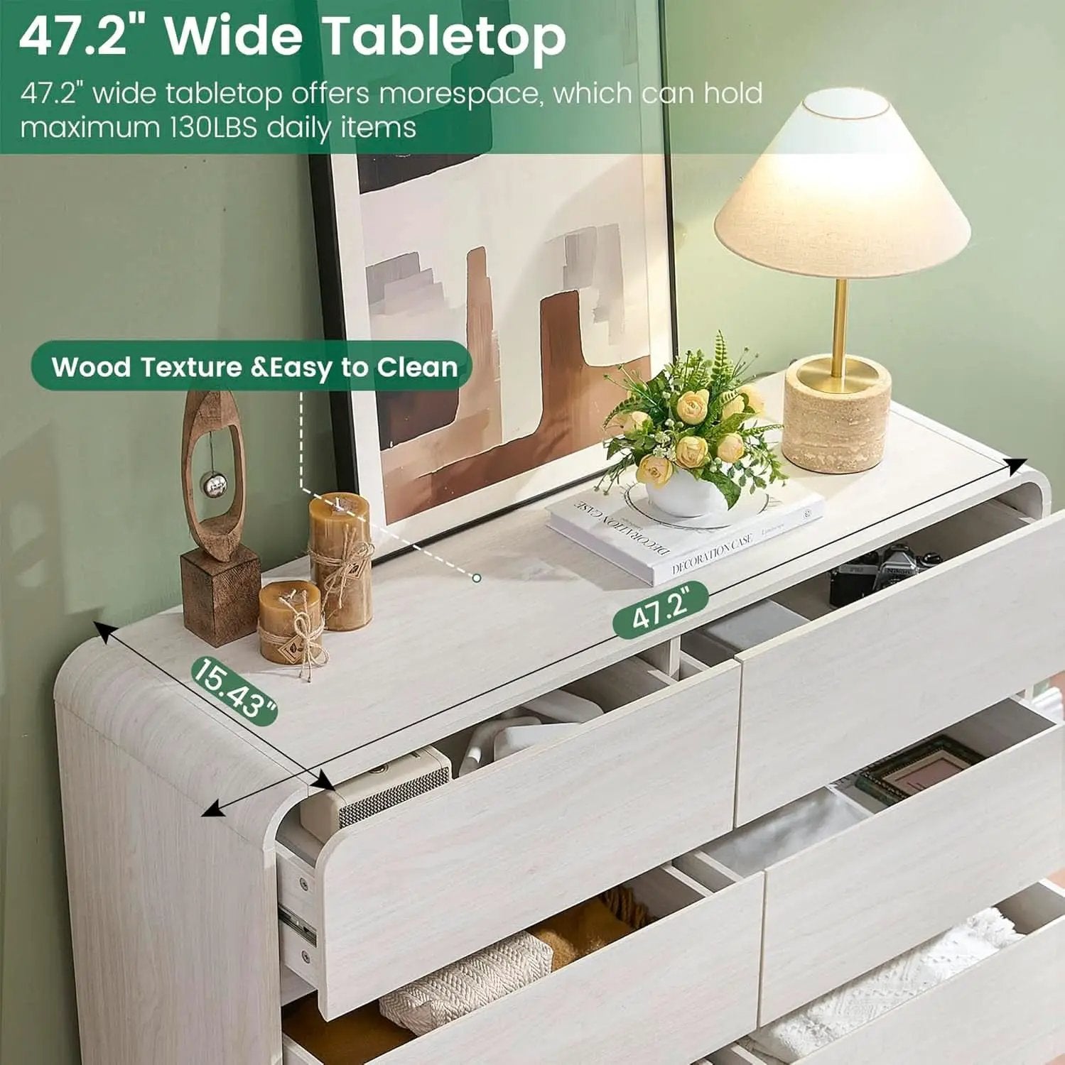 47 Inch White Dresser With Six Drawers Anti Tip Design from PriceLows™