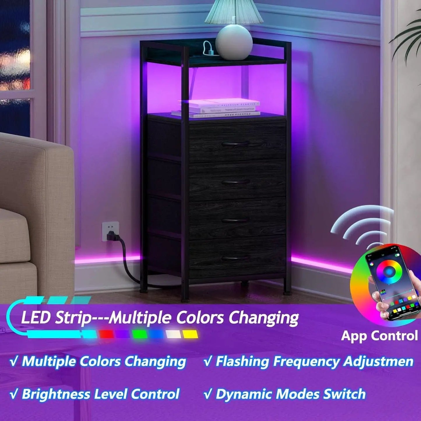 Black Nightstand With LED Lights And Built In Charging from PriceLows™