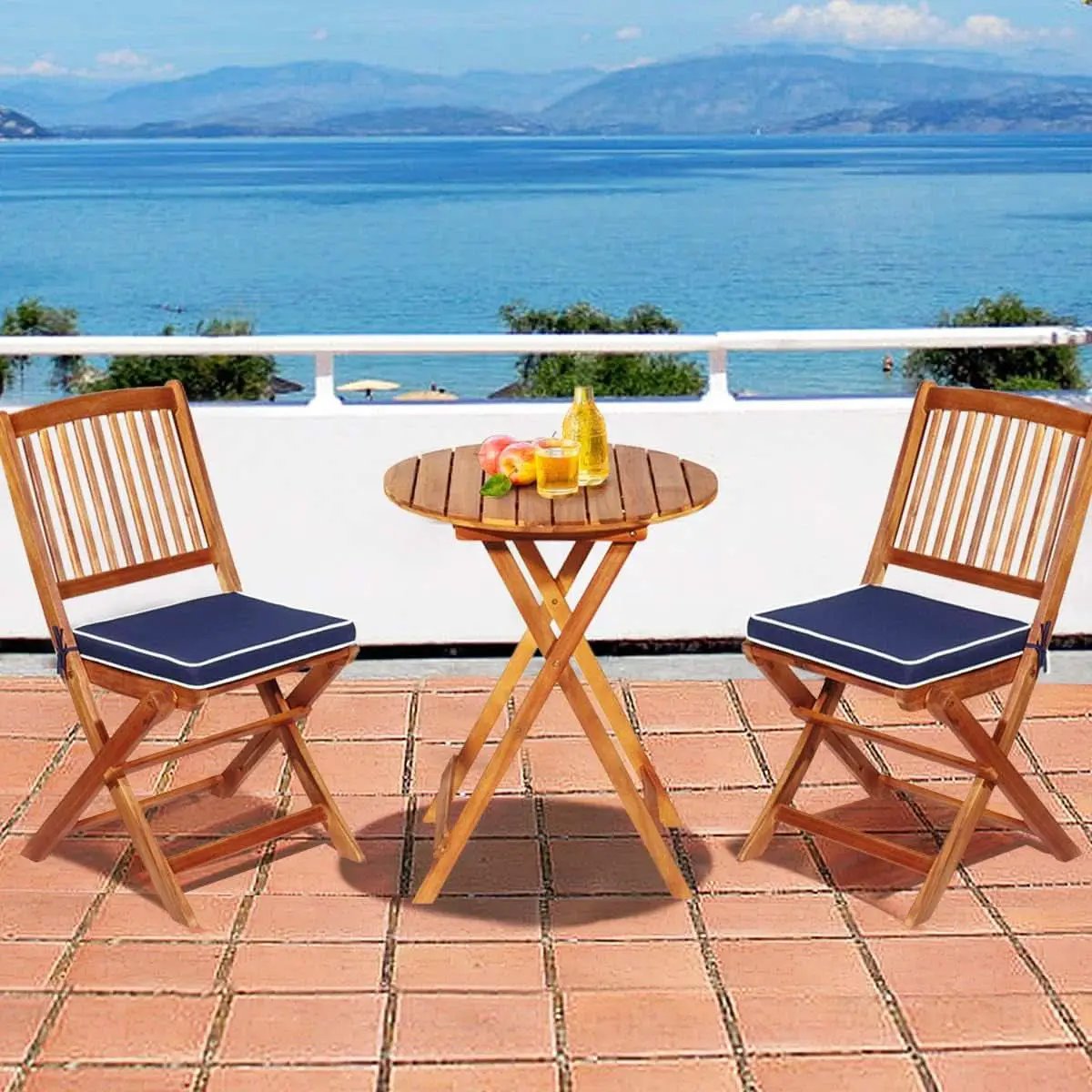 Patio Bistro Set With Wood Table And Navy Cushioned Chairs from PriceLows™