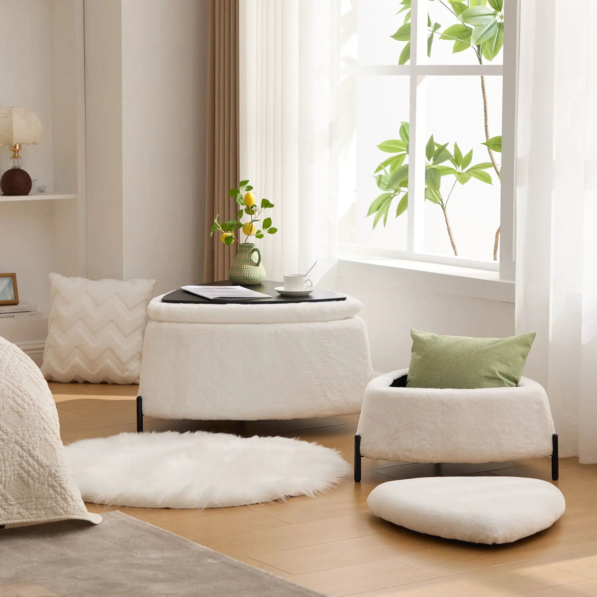 Storage Ottoman Set | Upholstered Faux Fur | Reversible Lid | Solid Wood Frame