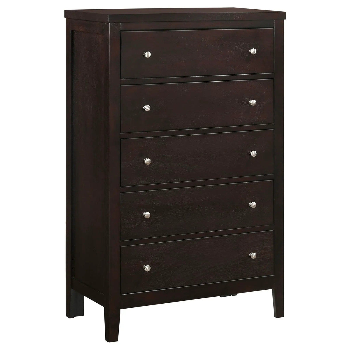 Carlton 5-drawer Bedroom Chest | 29.75 x 15.25 x 48.25 in | Rubberwood & Engineered Wood | Cappuccino