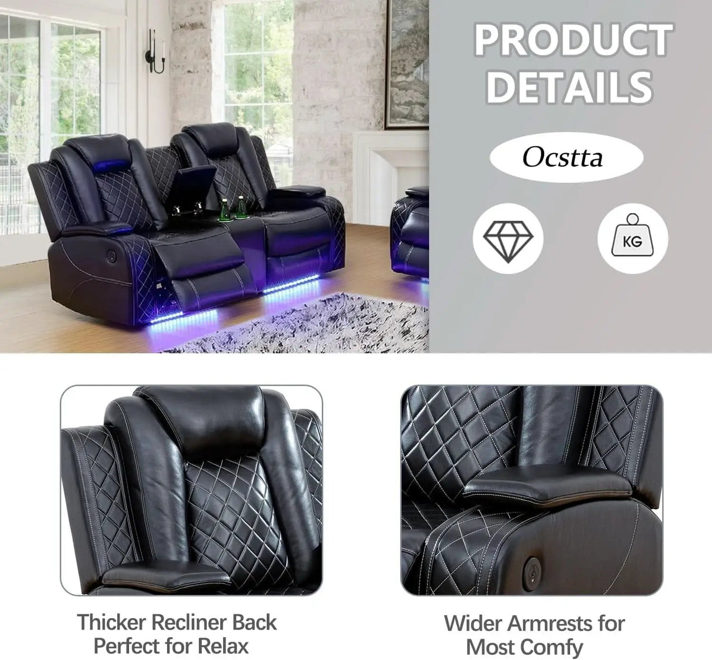 Power Leather Recliner Sofa Set LED Lights USB Ports Black from PriceLows™