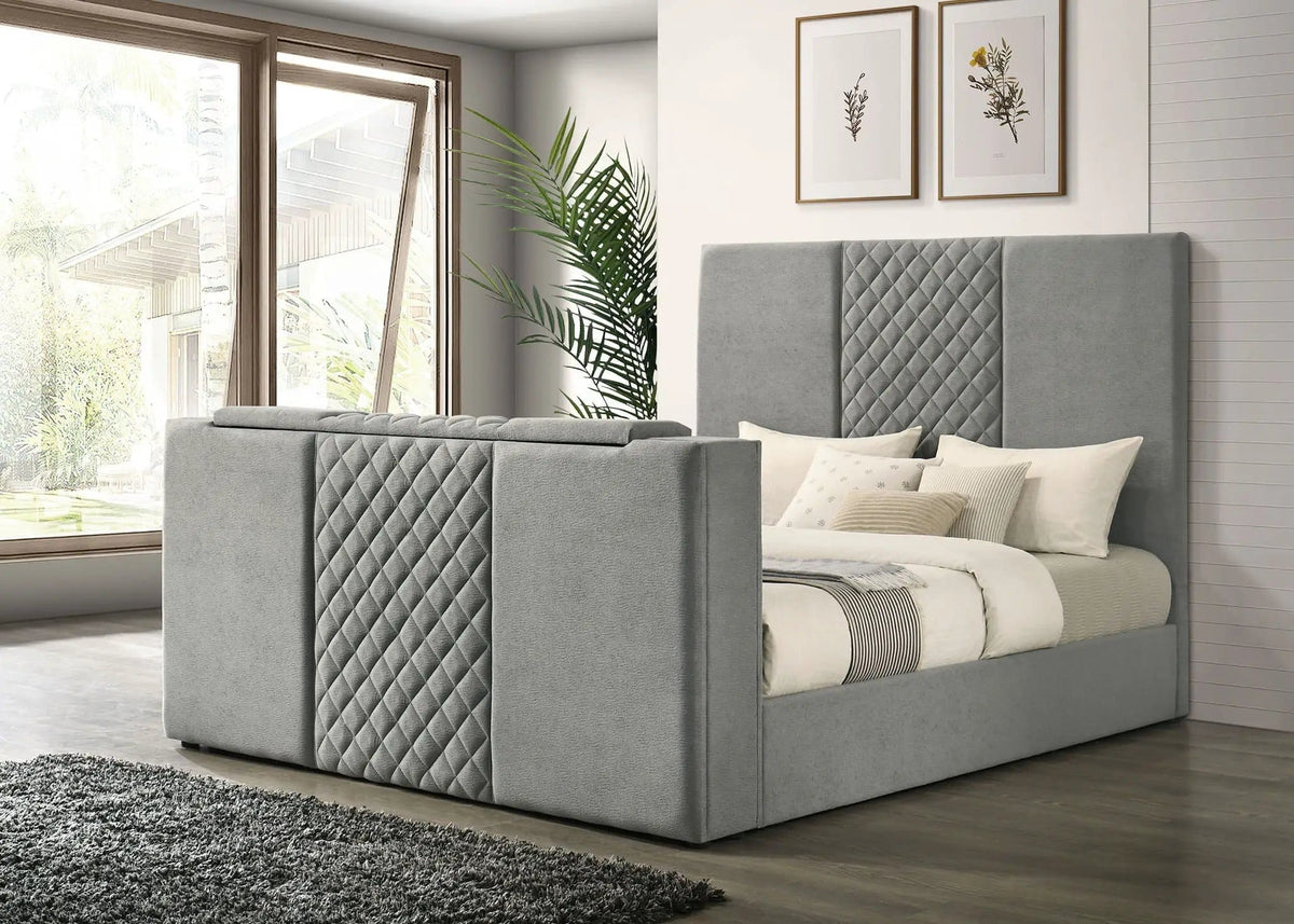 Tara 61-inch Upholstered Eastern King Panel TV Bed | 79.25 x 95.25 x 60.75 in | Velvet & Wood | Grey
