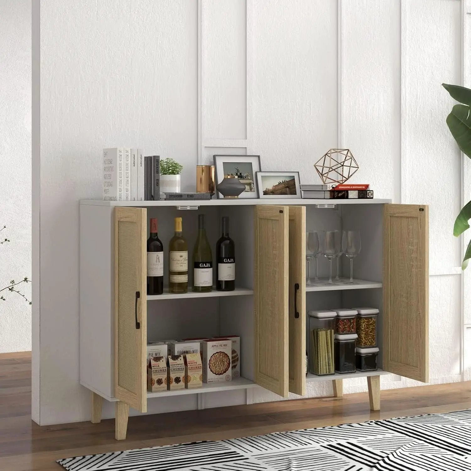 Buffet Storage Cabinet White Rattan Decor 4 Doors 48 Inch from PriceLows™
