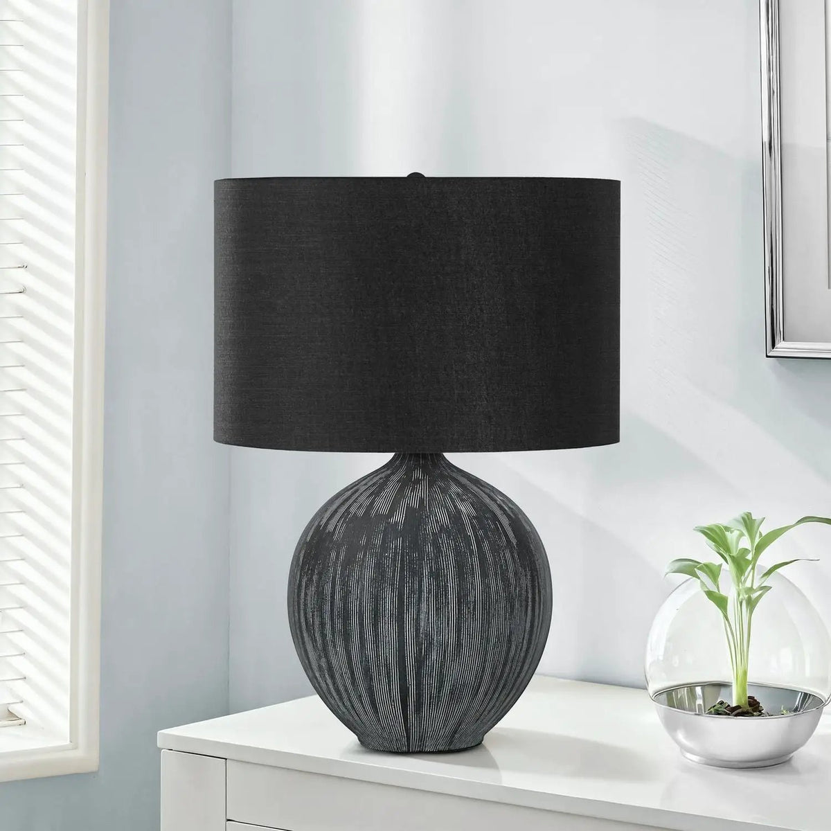 Black Ceramic Table Lamp | Textured Base | 23 Inch Height | 3-Way Rotary Switch