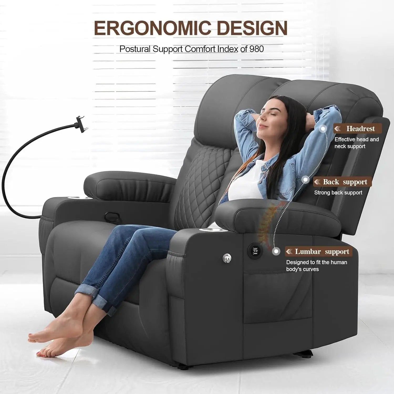 Gray PU Leather Two Seater Recliner Loveseat With USB Ports from PriceLows™
