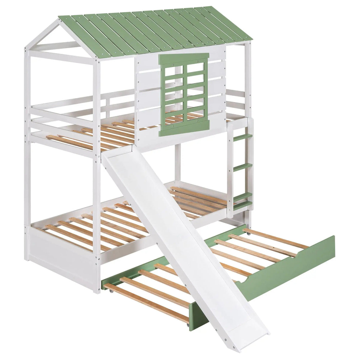 Twin House Bunk Bed | With Trundle | With Slide | White
