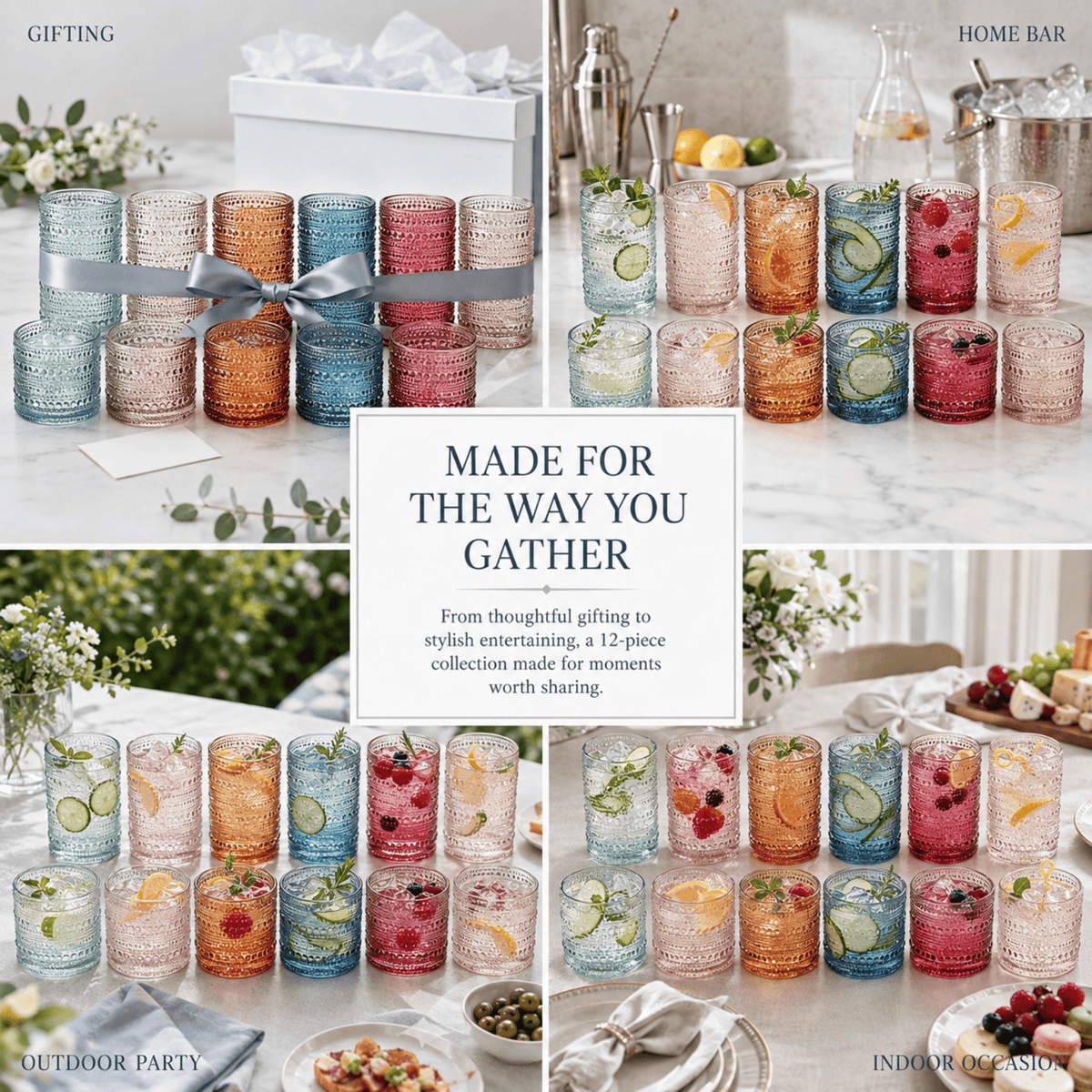 Tonal Hobnail Highball & Lowball Glassware | 12.17 oz | Set of 12 | Entertaining