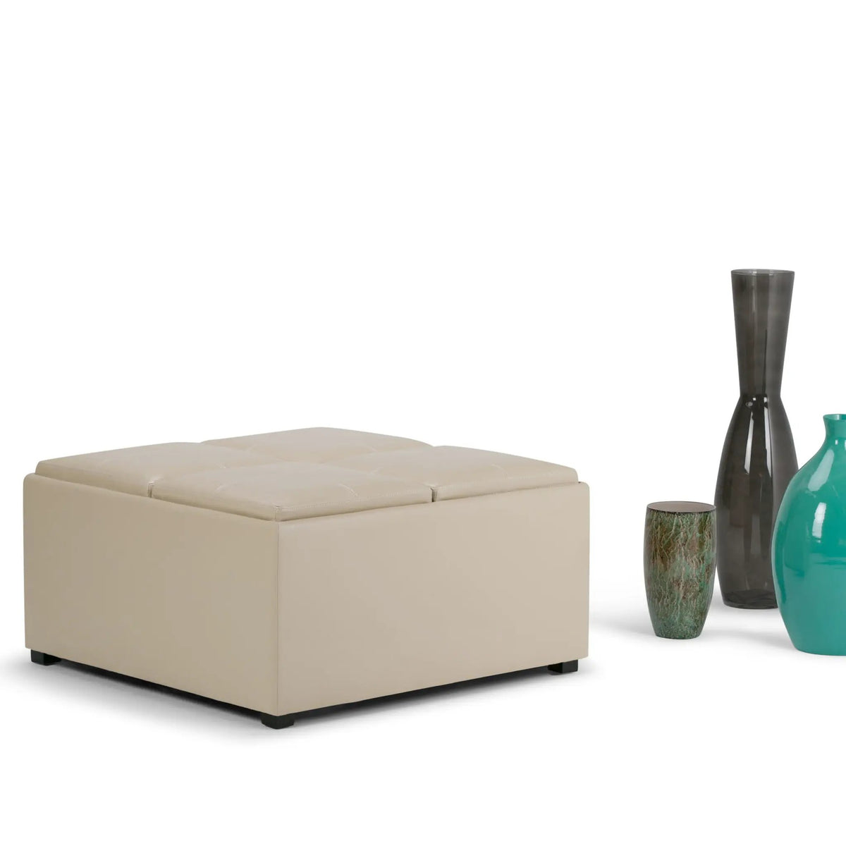 Avalon Square Storage Ottoman | Coffee Table Design | Four Flip Over Serving Trays | 35 Inch Width