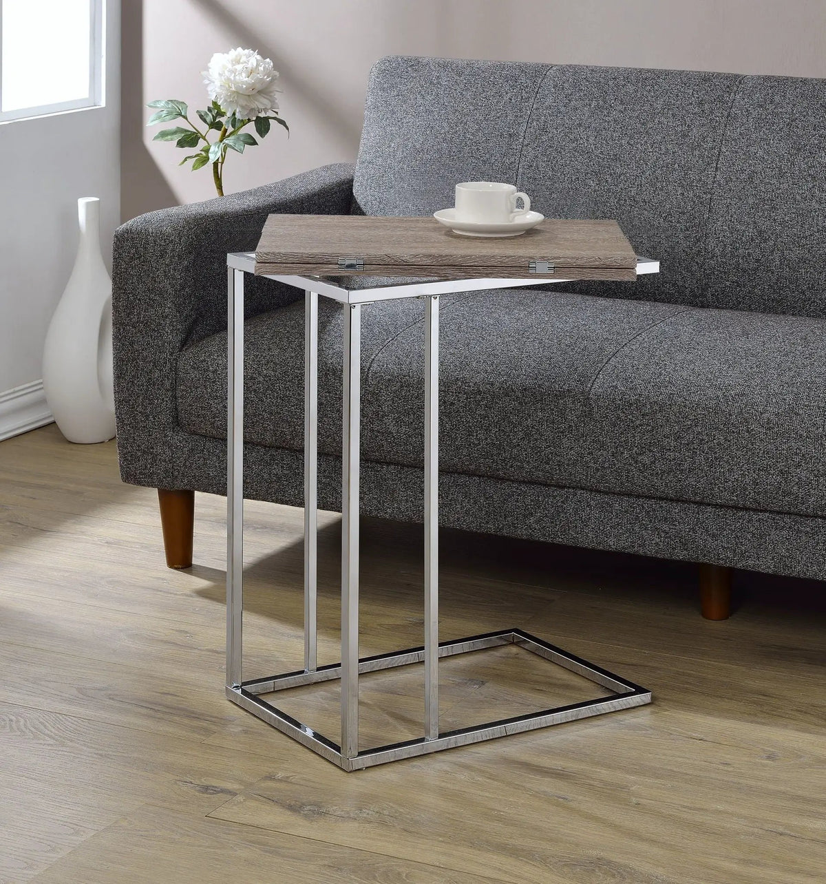 Danson Weathered Accent Table | Oak Finish | Folding Swivel Extension Top | Geometric Metal Base