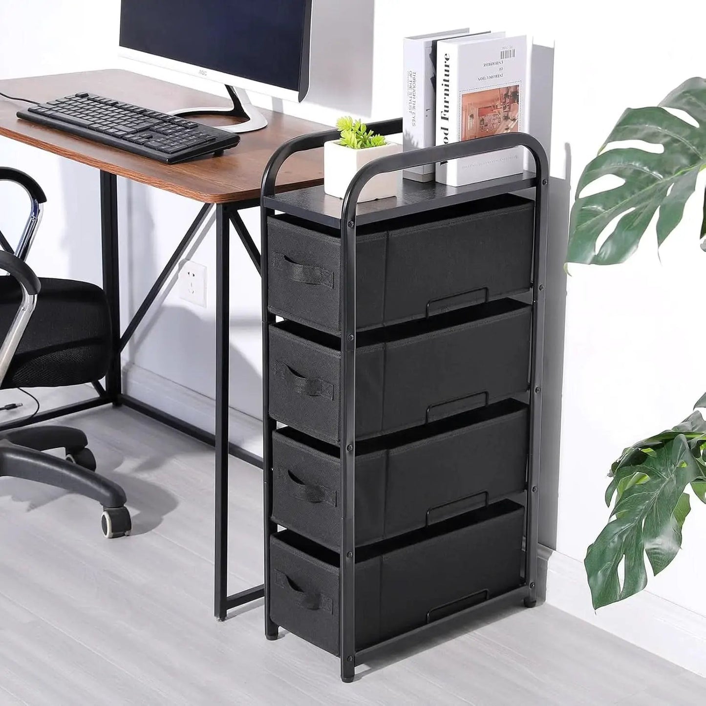 4 Drawer Narrow Fabric Dresser Storage Tower With Wood Top Black from PriceLows™