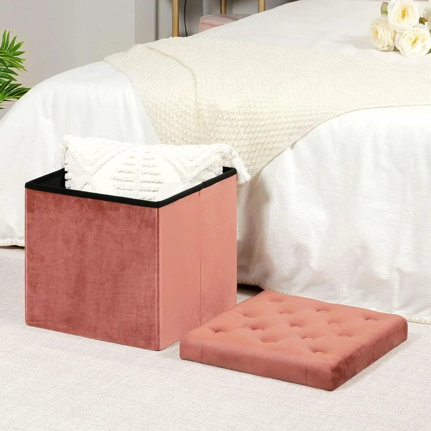 Warm Red Velvet Tufted Upholstered Storage Ottoman from PriceLows™
