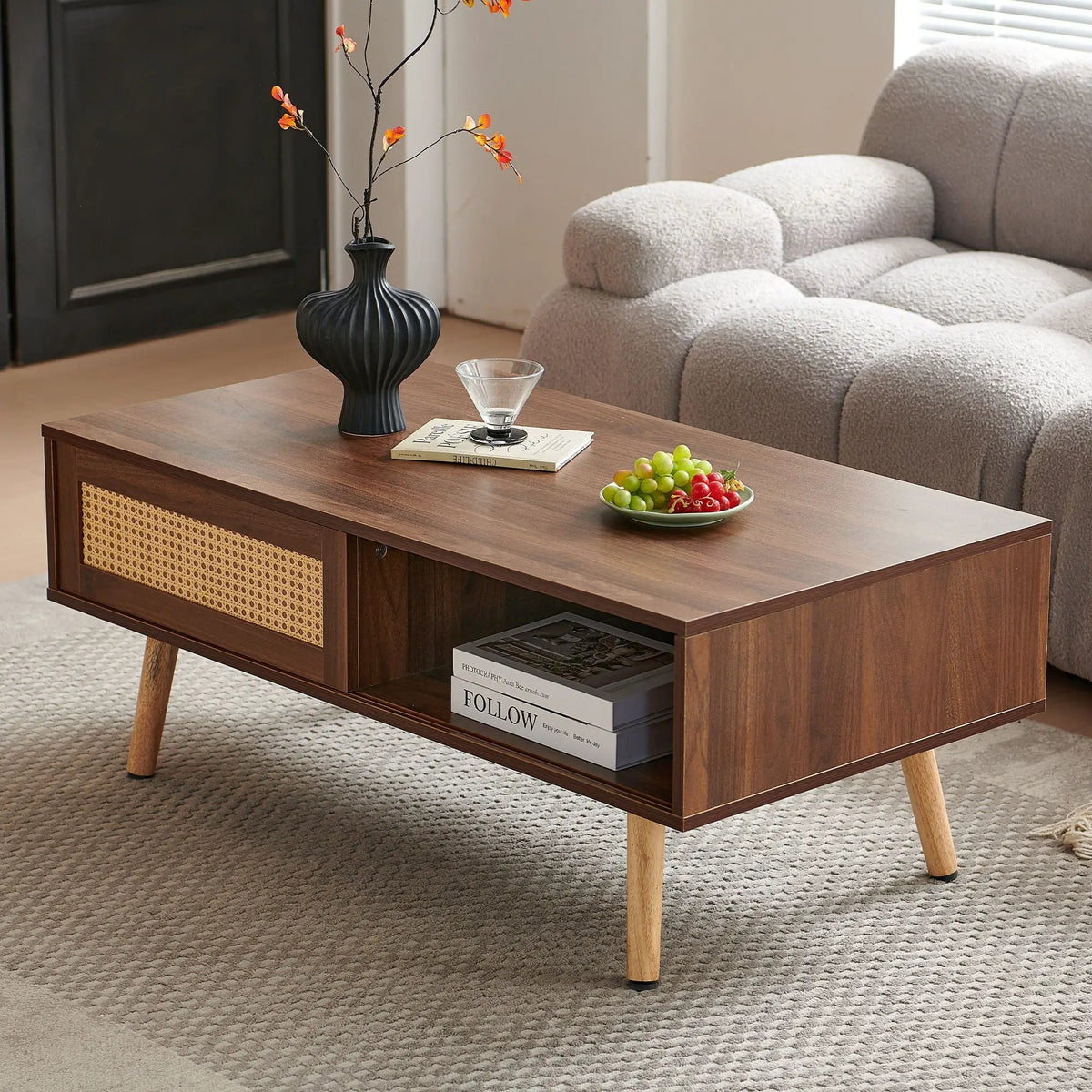 Rattan Coffee Table | 41.34 Inch Width | Sliding Storage Door | Solid Wood Legs