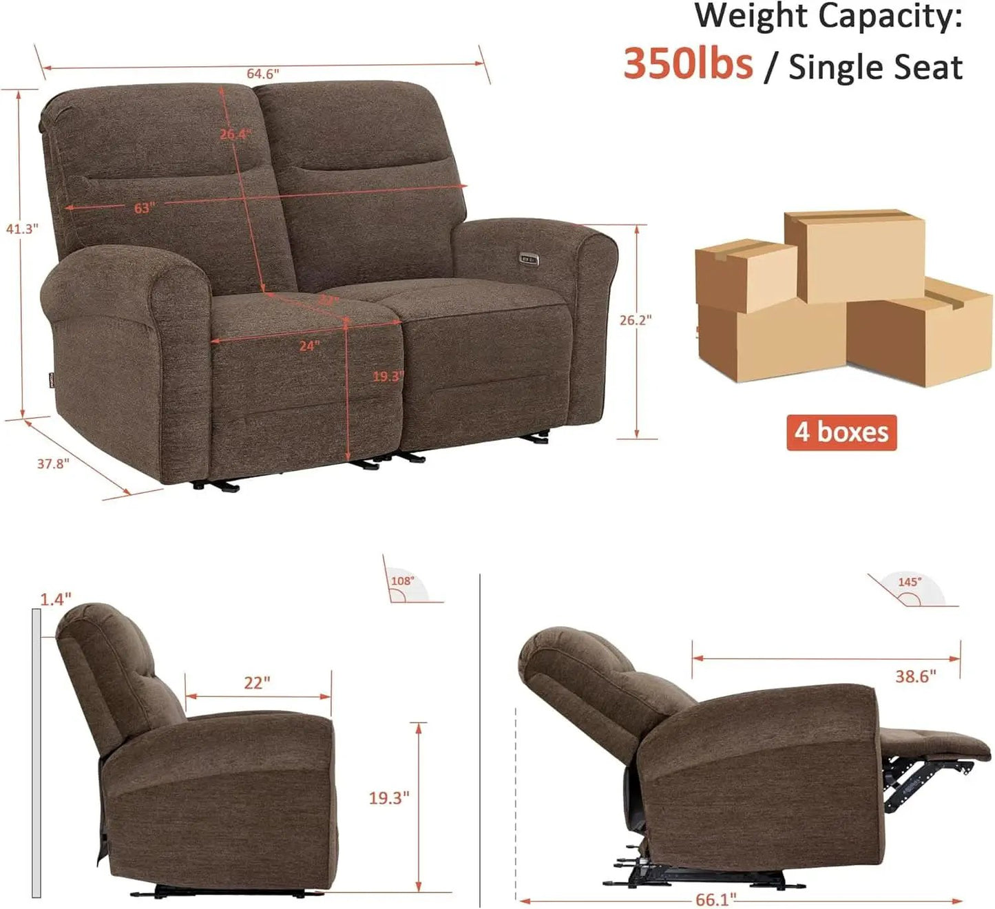 Fabric 64.6 Inch Dark Brown Wall Hugger Power Recliner Loveseat from PriceLows™