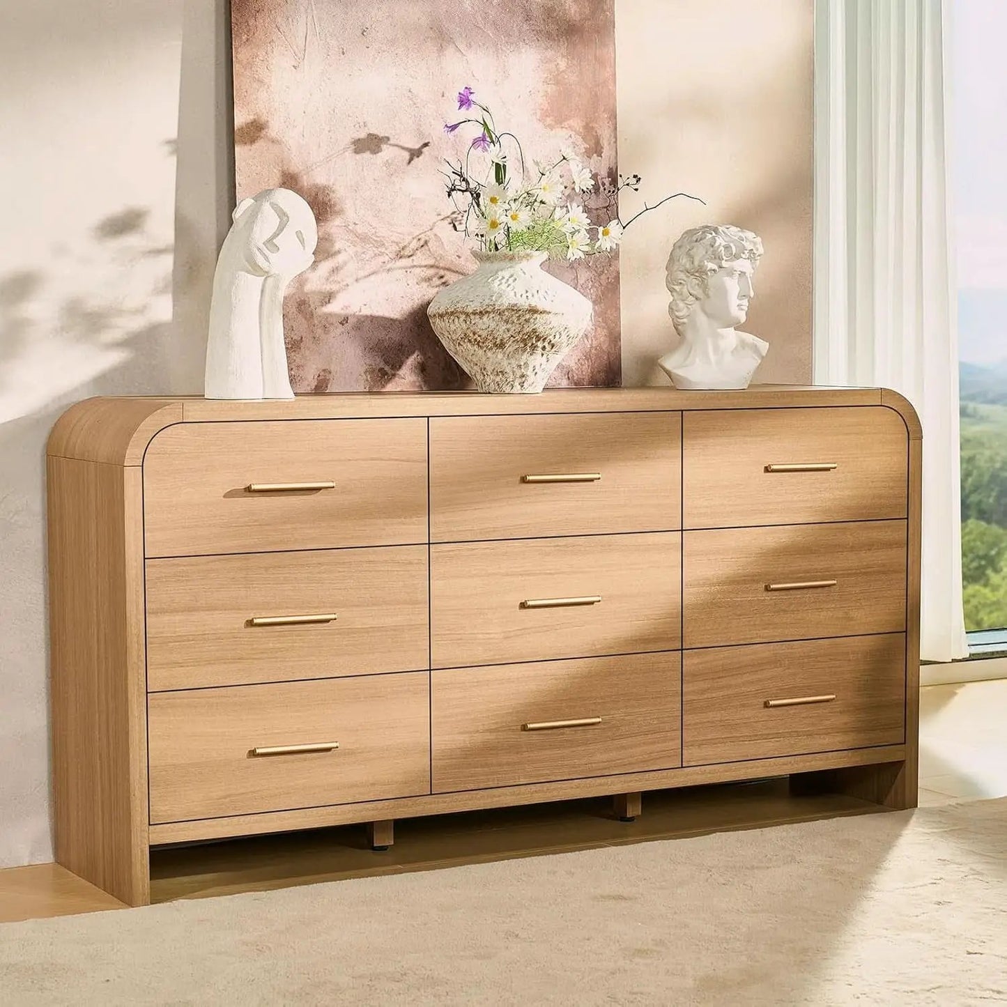 SolidOak Curved Nine Drawer Dresser SixtyThreeInches from PriceLows™