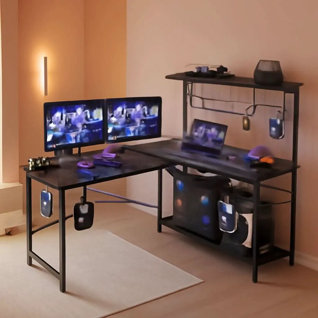 51 Inch L Shaped Gaming Desk With LED Lights 4 Tier Shelves from PriceLows™