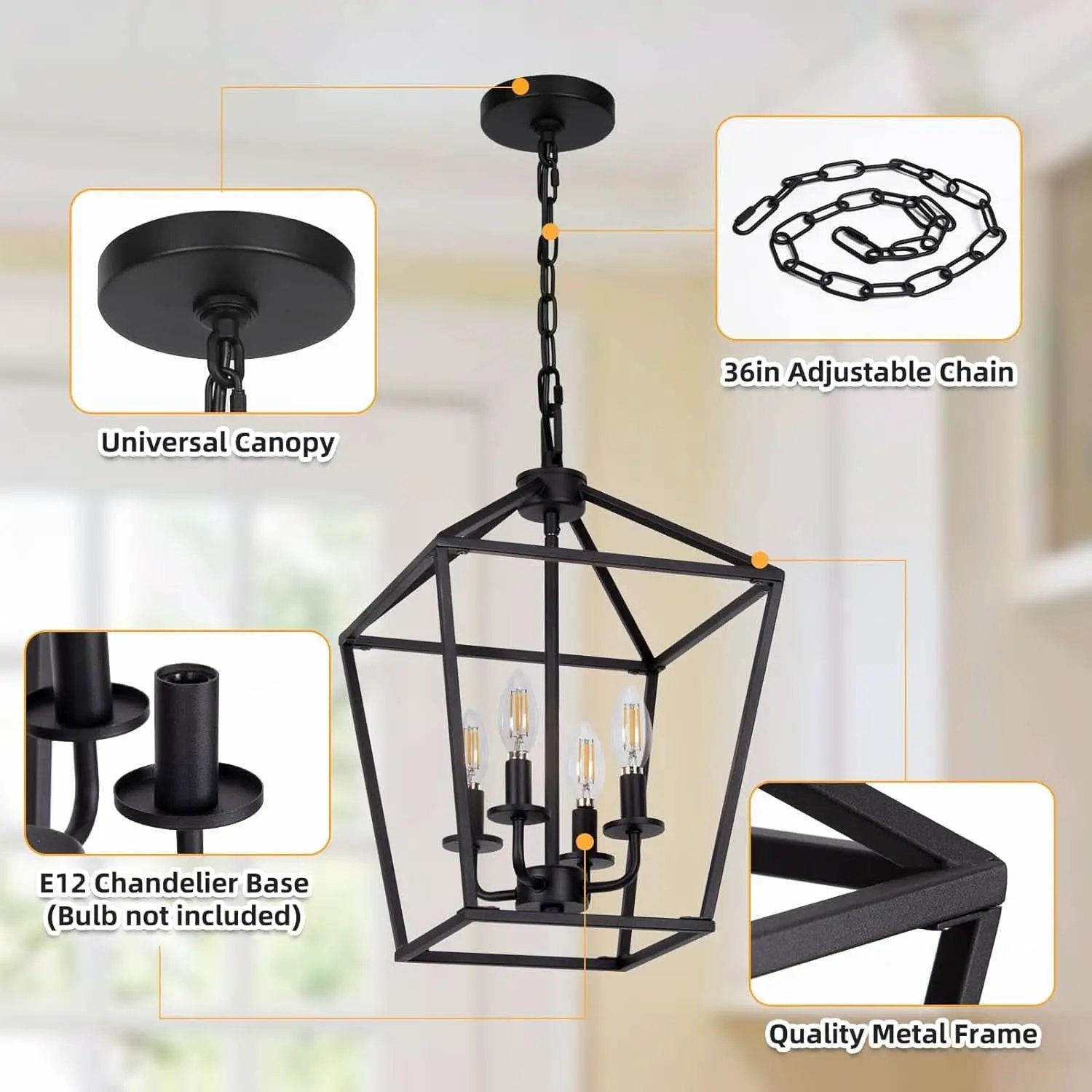 4 Light Black Lantern Chandelier With Adjustable Height from PriceLows™