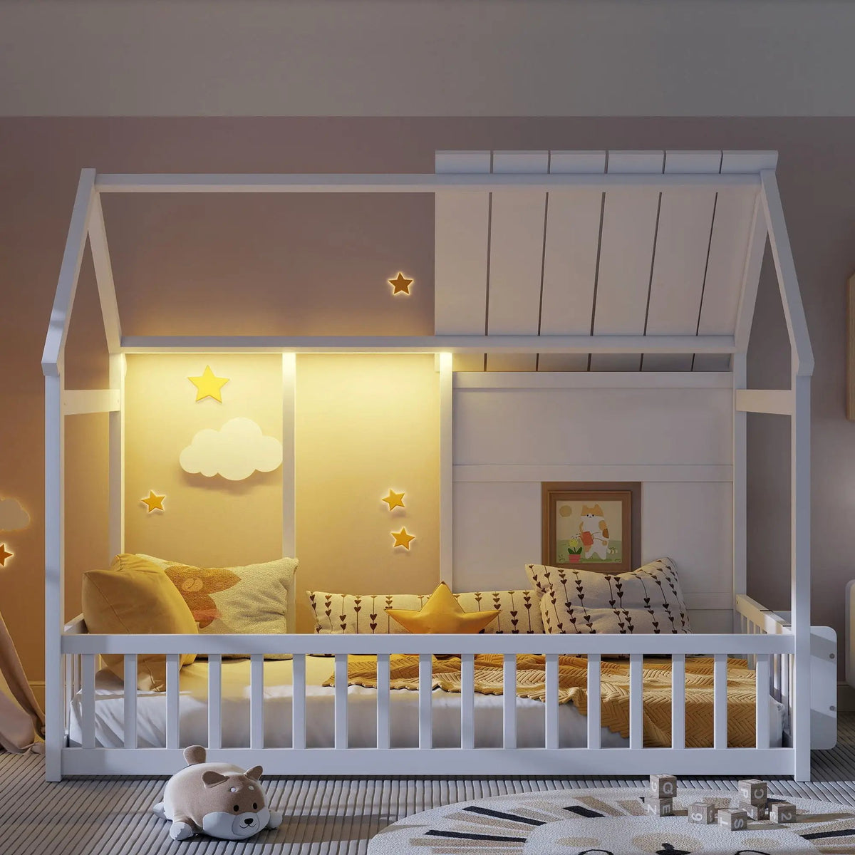 House Floor Bed | 7 Color LED Lights | Built In Bookshelf