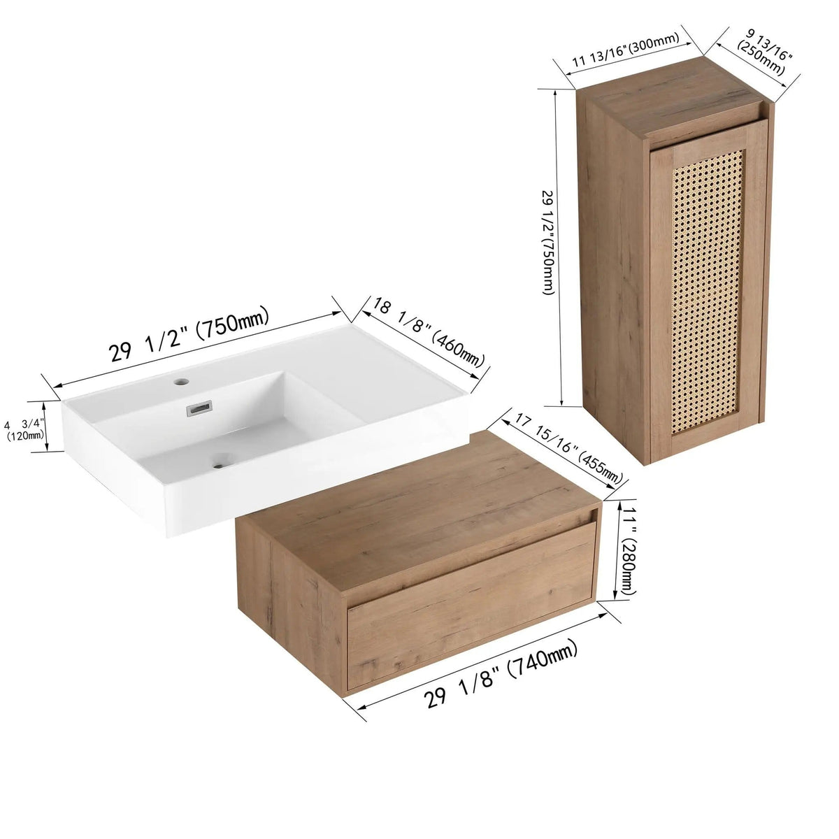 Modern Imitative Wall Mounted Bathroom Vanity With Resin Sink And Side Cabinet | 2 Pieces | Plywood & Resin | Bathroom