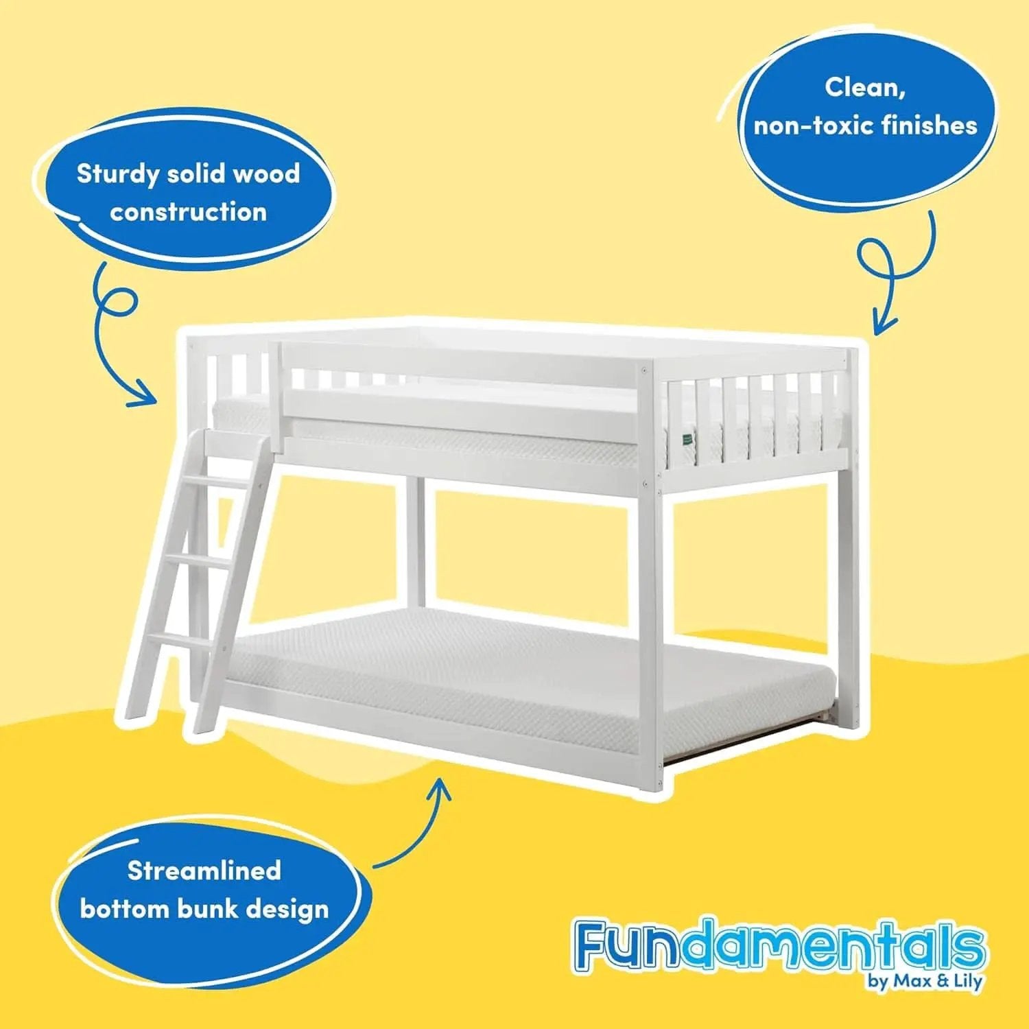 White Twin Low Bunk Bed Solid Wood Frame For Kids Safe from PriceLows™