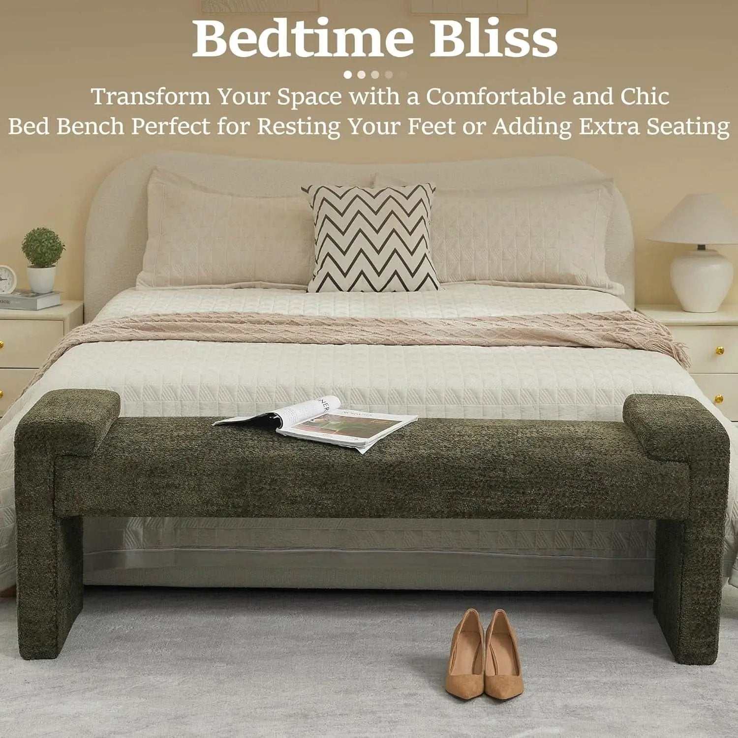 Green Upholstered End Of Bed Bench Curved Wood Frame from PriceLows™