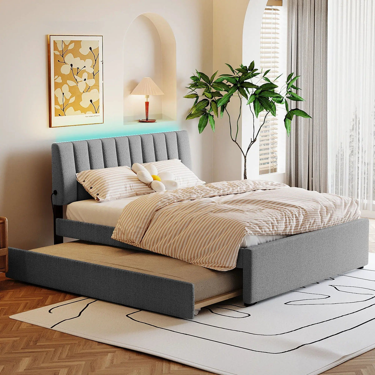 Upholstered Platform Bed | Trundle Included | Comfortable Design | 76 Inch Length