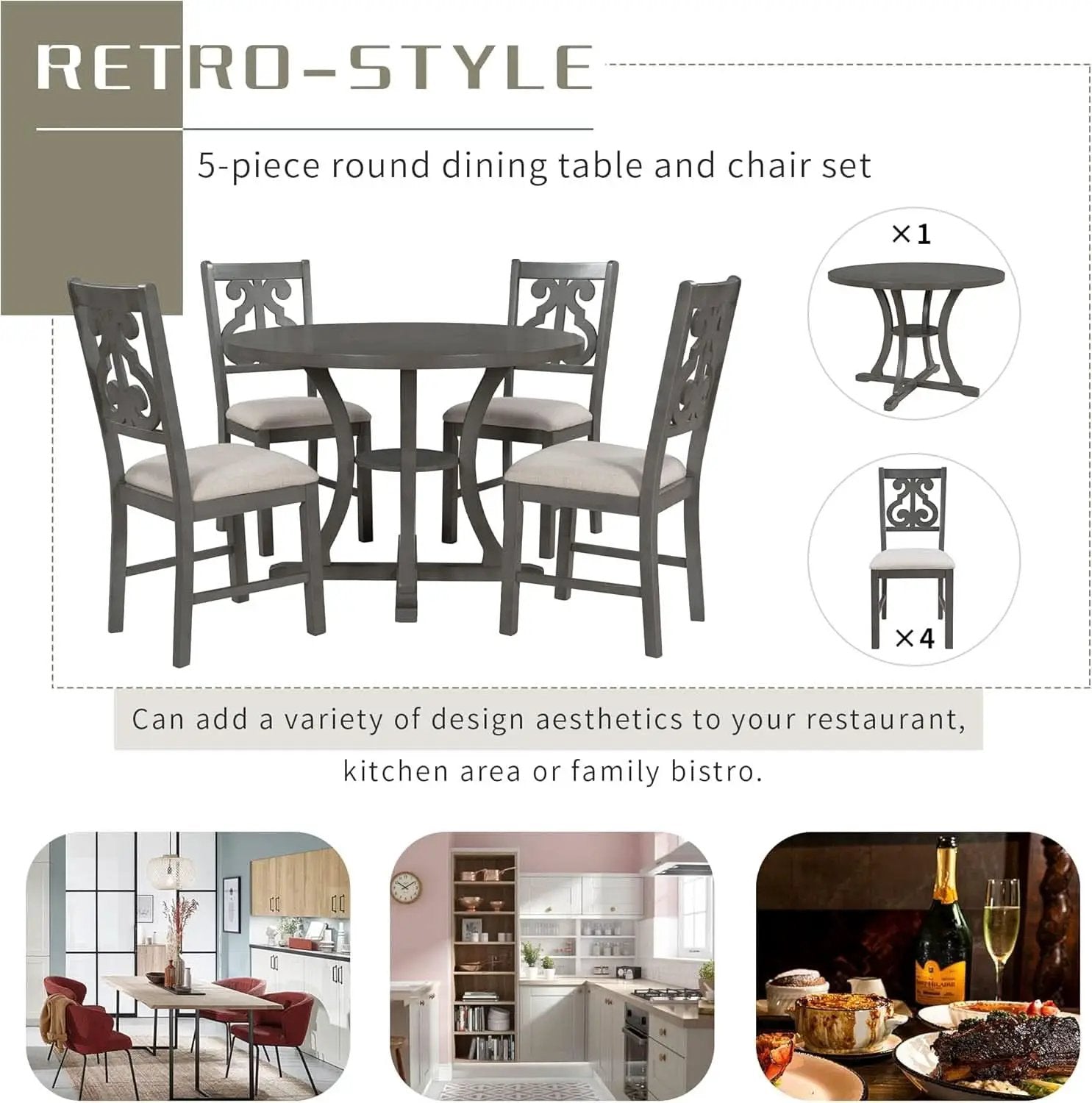 Gray Round Shaped Retro Antiqued Dining Table Curved Legs from PriceLows™