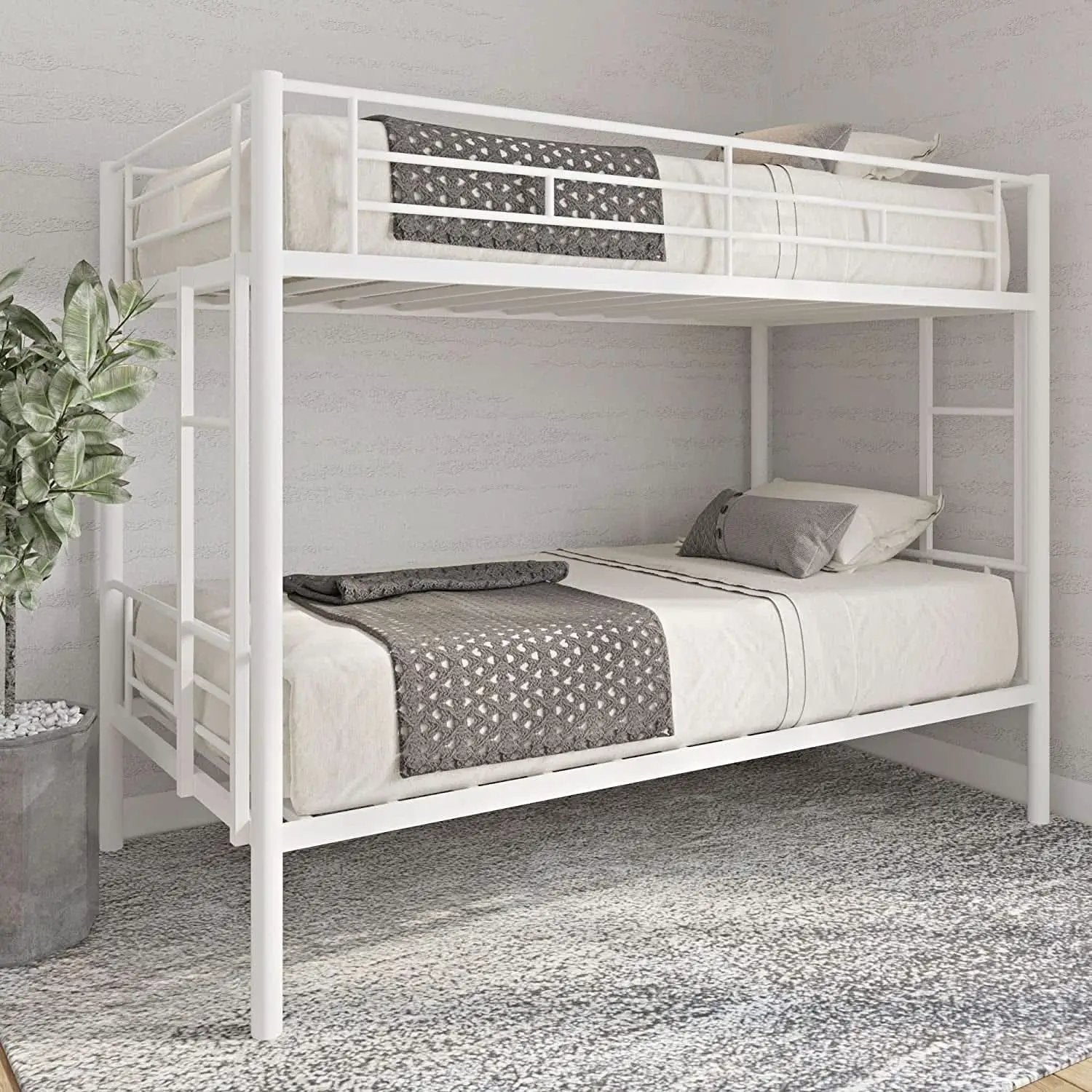 Twin Over Twin Metal Bunk Bed With 2 Ladders White from PriceLows™