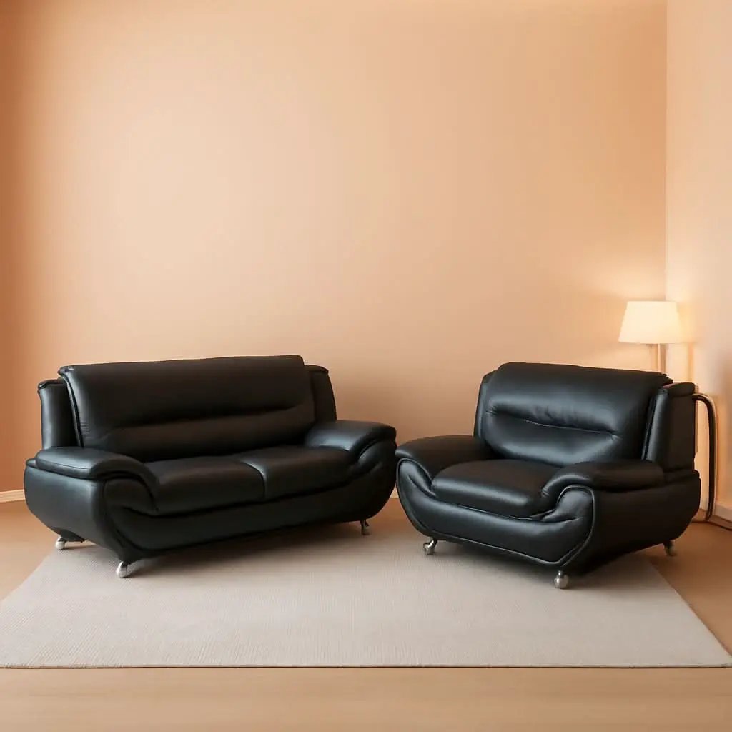 Black Faux Leather Sofa Loveseat 2 Piece Living Room Set from PriceLows™