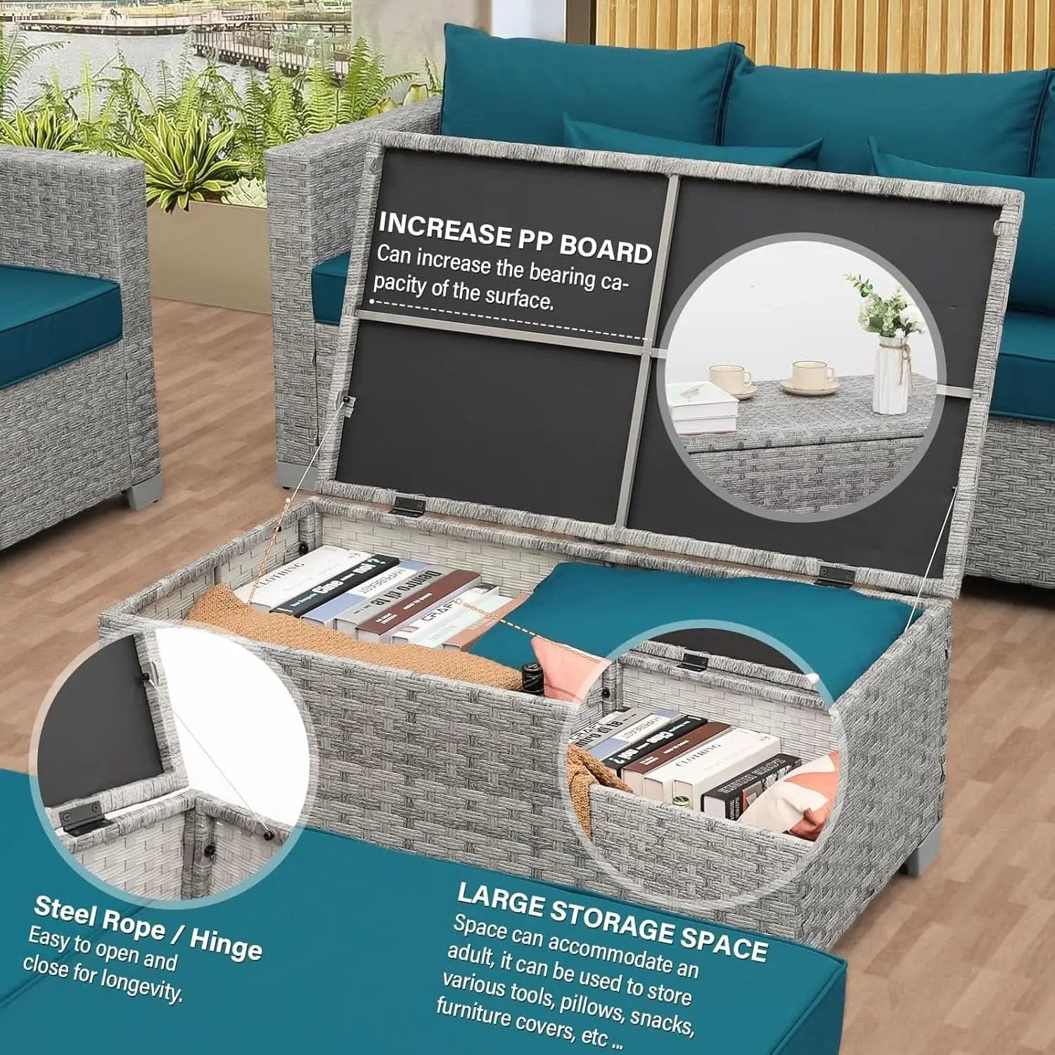 Patio Furniture Set 6 Piece Outdoor Grey Wicker With Peacock Blue Cushions from PriceLows™