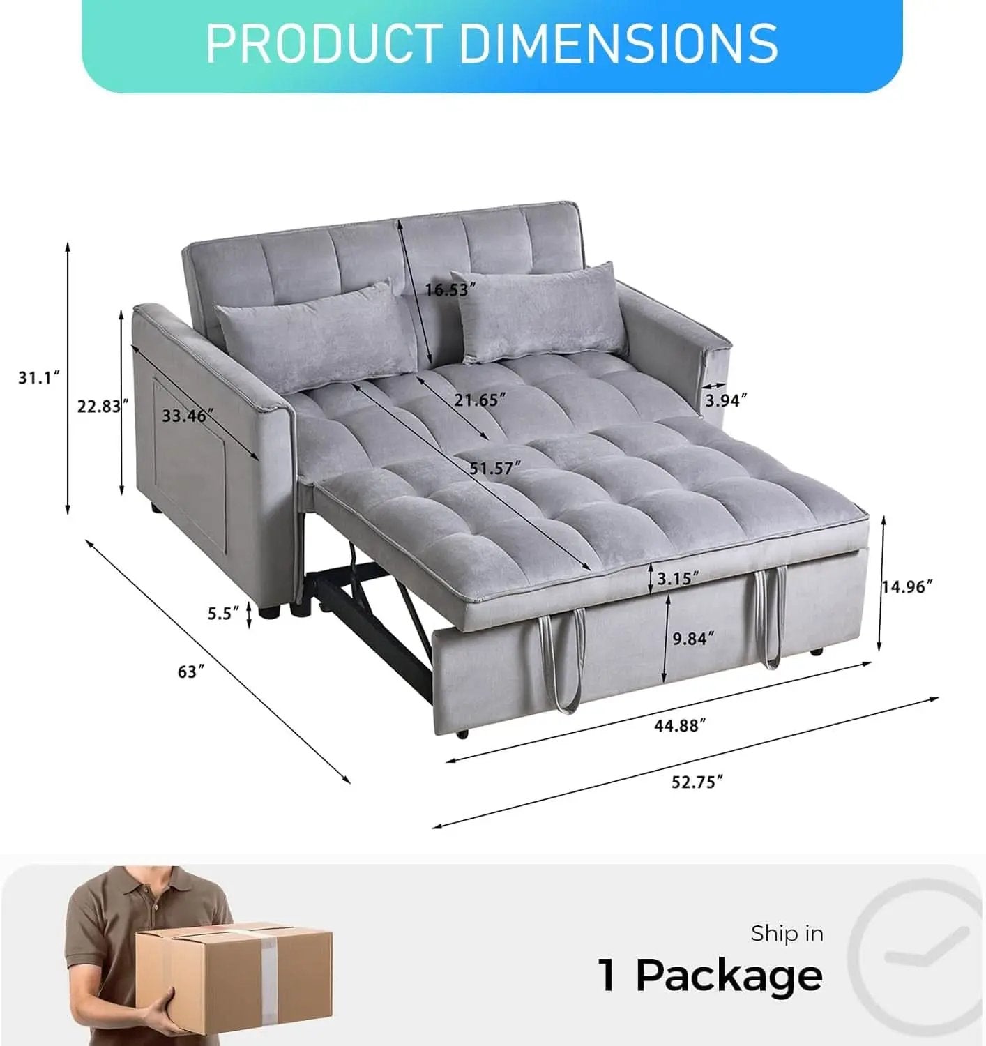 Black Velvet Convertible Sleeper Sofa Bed Luxurious from PriceLows™