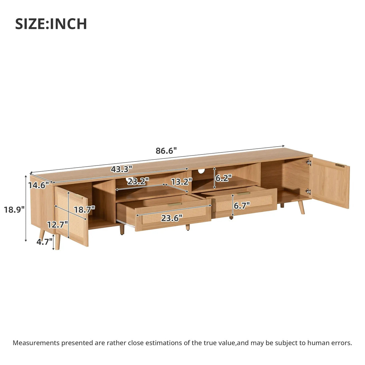 Rattan TV Stand | Media Console | Two Cabinets And Two Open Shelves | Cable Management