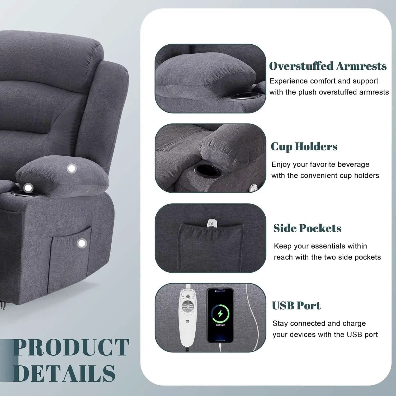 Oversized Charcoal Grey Recliner Sofa With USB Port And Heated Massage from PriceLows™