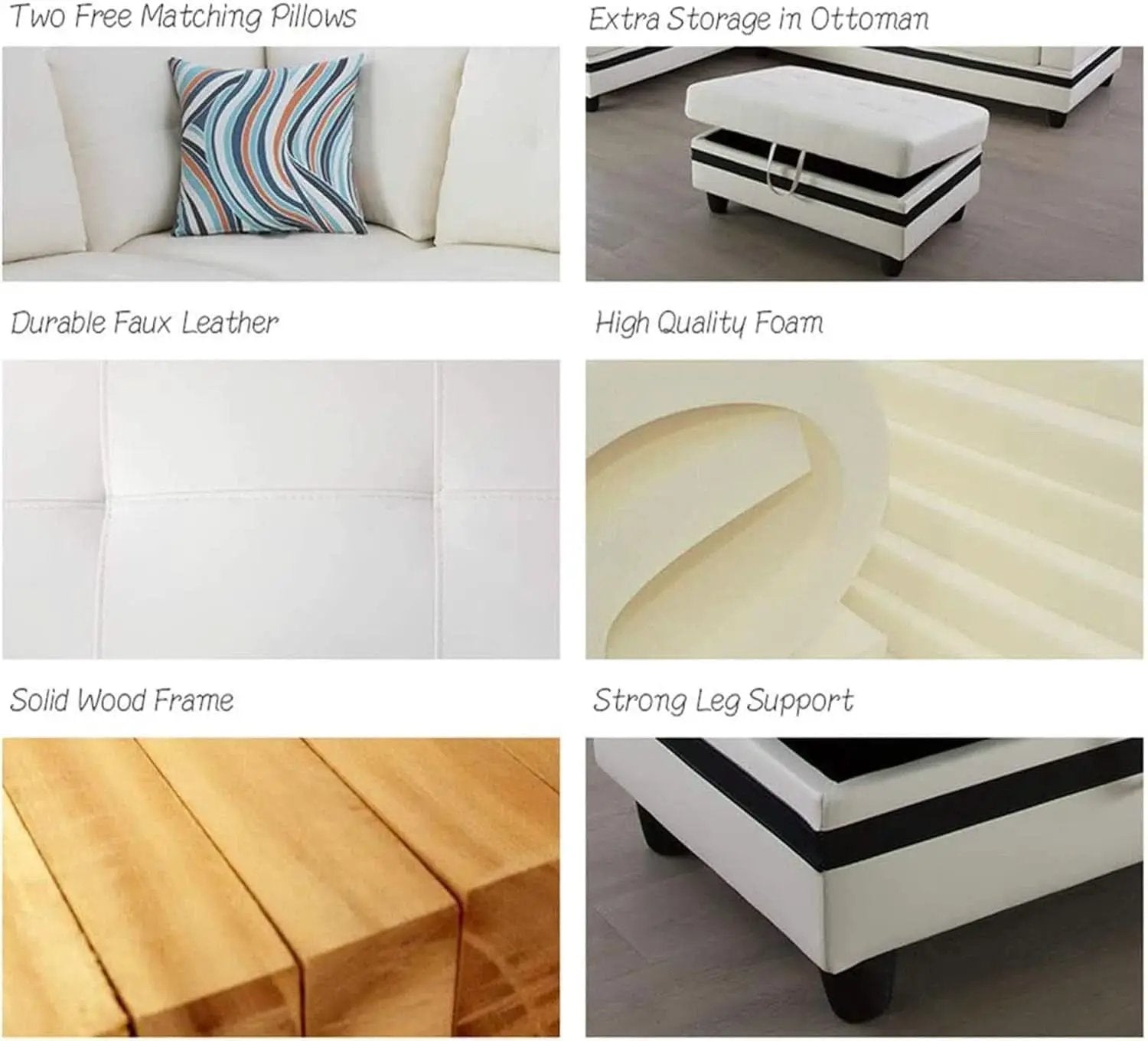 Sectional Sofa Faux Leather White L Shaped Couch Set from PriceLows™