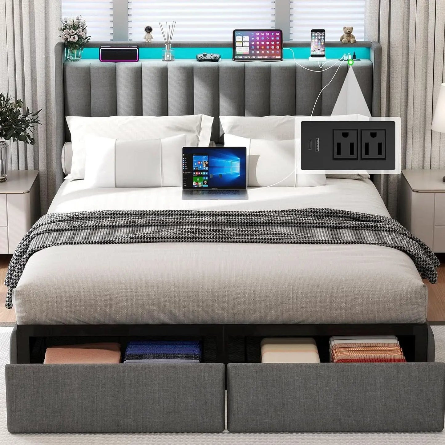 Queen Bed Frame With LED Lights And Storage Drawers from PriceLows™
