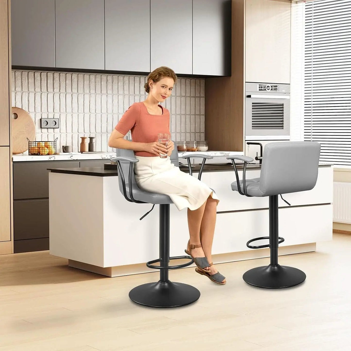 Bar Stools 2 Adjustable Swivel With Back Grey PU Leather from PriceLows™
