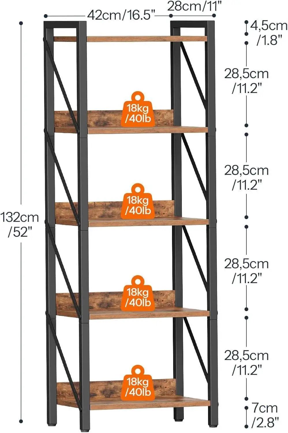 Industrial 5-Tier Bookshelf With Metal Frame 52-Inch Brown from PriceLows™