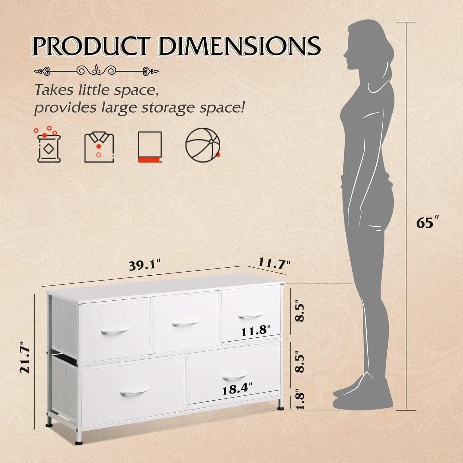 White TexturedFabric Dresser With Five Deep Drawers from PriceLows™