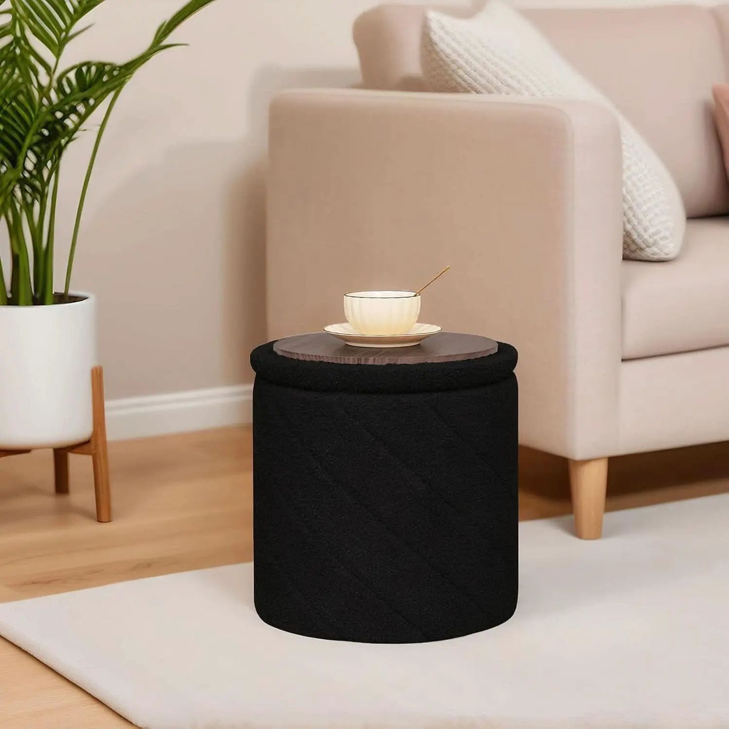 Luxurious Black Boucle Storage Ottoman 12 In Diameter Tray from PriceLows™