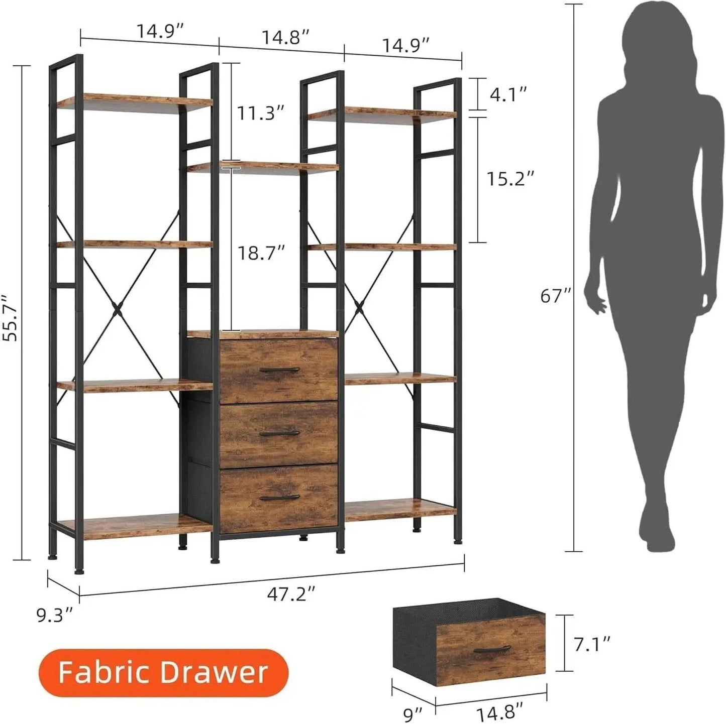 Rustic Brown Triple Bookshelf With Drawers 47 Inch Wide from PriceLows™