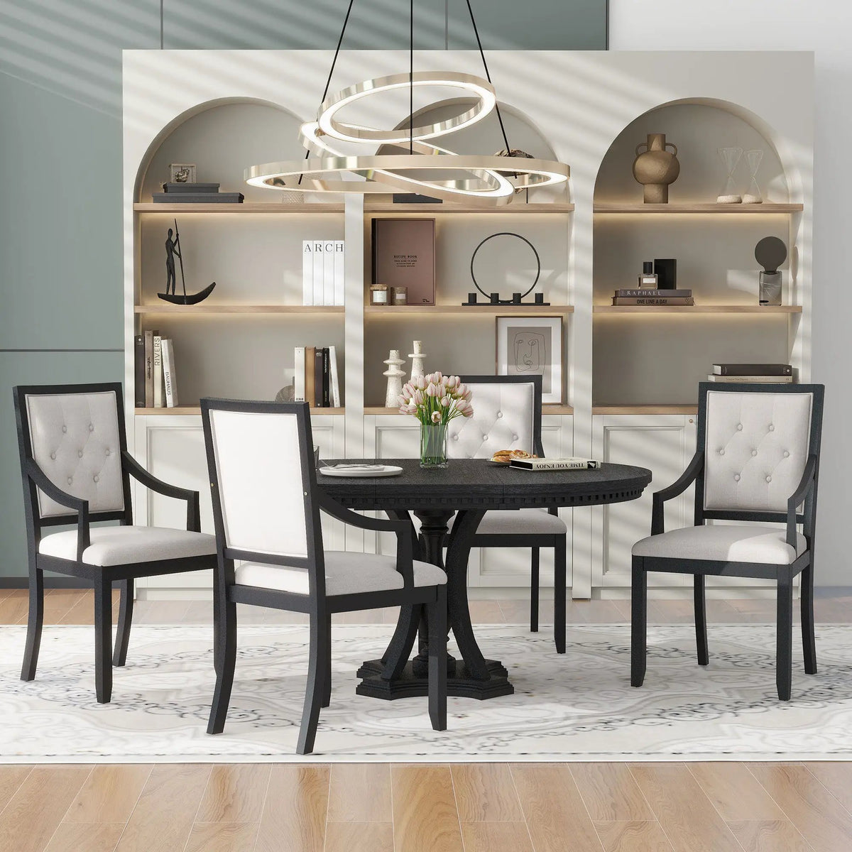 5 Piece Dining Set | Extendable Round Table | Oak Veneer | Black And Oak
