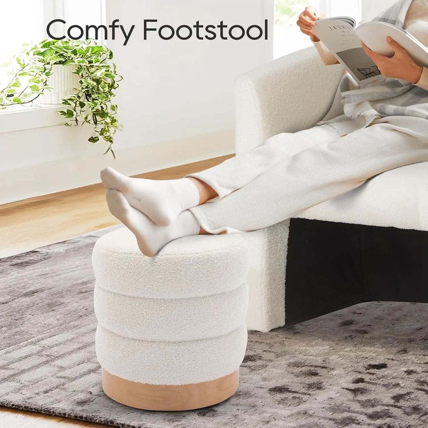 Cream Tufted Sherpa Ottoman Footstool Round Cushion from PriceLows™