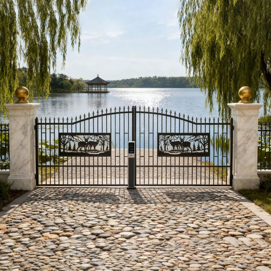 Heavy-Duty Deer Motif Style Bi-Parting Galvanized Steel Driveway Entrance Gate | Steel | Driveway Gate | Home