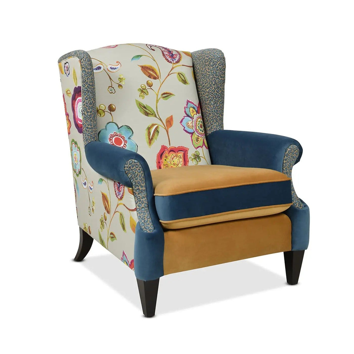 Anya Boho Chic Wingback Accent Arm Chair | 34 x 36 x 38.5 in | Velvet & Fabric | Floral / Leopard / Blue Teal / Yellow Gold