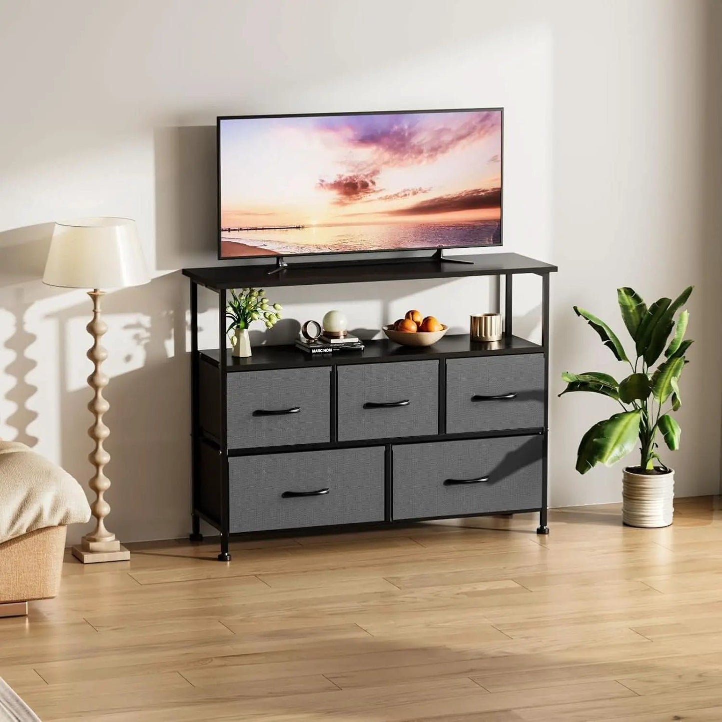 Gray TV Stand With Fabric Drawers And Wood Top 45 Inch from PriceLows™