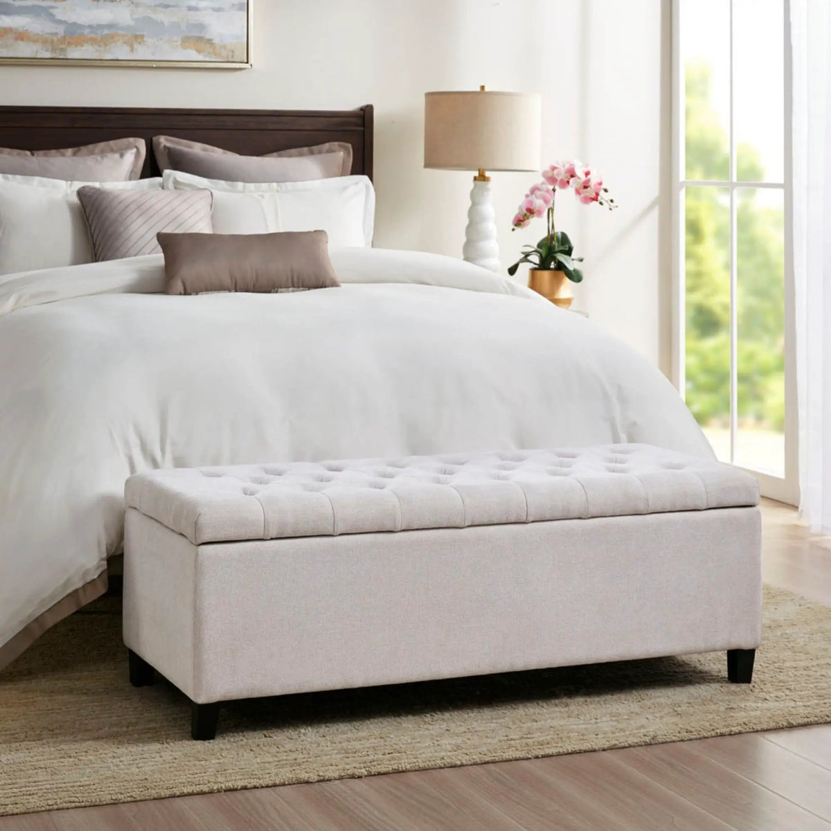 Tufted Soft Close Storage Bench | Button Tufted Top | Solid Wood Legs | 49 Inch Width